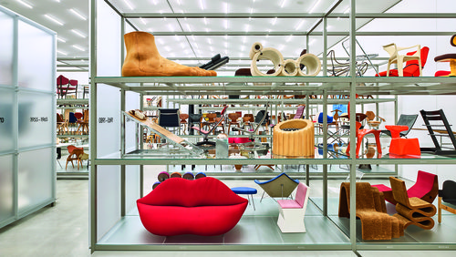 Various colourful furnitures on glass shelves