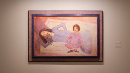 Painting of a woman asleep on a carpet with a little girl reclining against her.