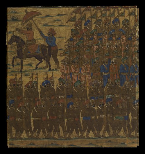 A painting showing men marching, led by a man on a horse, shaded by an umbrella.
