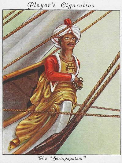 Image of a ship figurehead depicting a man about to draw a sword. The words Player's Cigarettes is at the top.