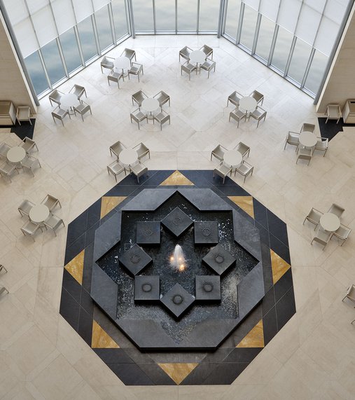 Over the top view of MIA's cafe with an octagon-shaped fountain in the middle