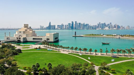 A view of the Museum of Islamic Art with the iconic Doha skyline and the corniche right behind it