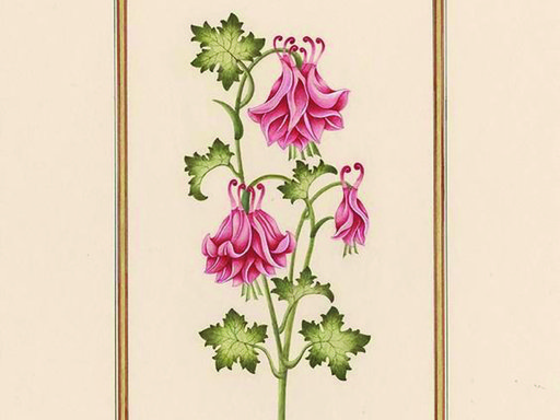 A vintage-style painting of a pink flower hanging low from green leafy branches with a gold border on the side