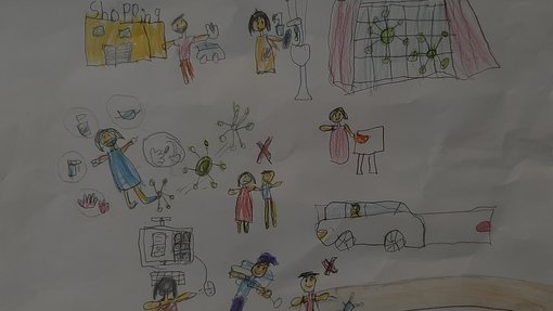 Colourful children's drawing featuring people, cars and devices