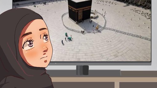 لوحة تظهر فيها امرأة ملسمة ترتدي حجاباً غامقاً وتنظر بشوق إلى المسجد الحرام في التلفاز