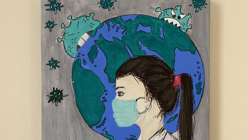 A portrait of a health care worker wearing a mask, with the Earth in the background as viruses try to pray on it