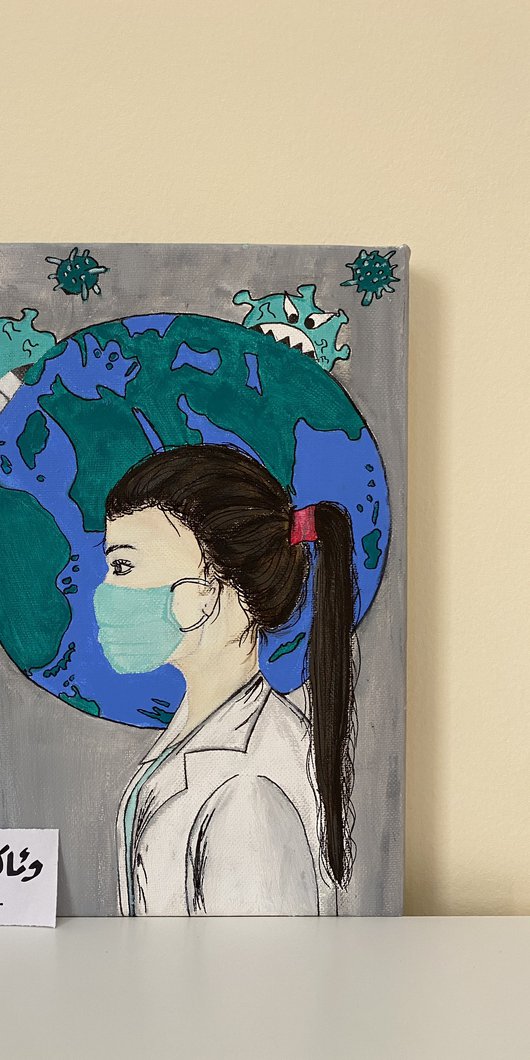 A portrait of a health care worker wearing a mask, with the Earth in the background as viruses try to pray on it