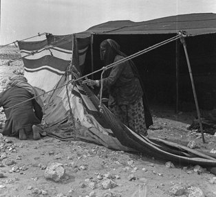 Black and white photograph of two people constructing a tent