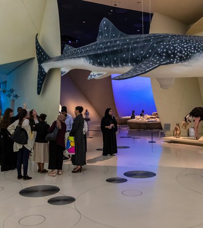 Interior of a gallery space at the National Museum of Qatar showcasing aquatic life in Qatar