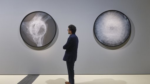 Two circular artworks that look like x-ray photos.