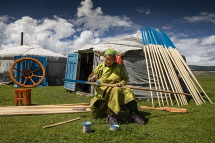 امرأة من منغوليا تطلو أعمدة الخيام الخشبية