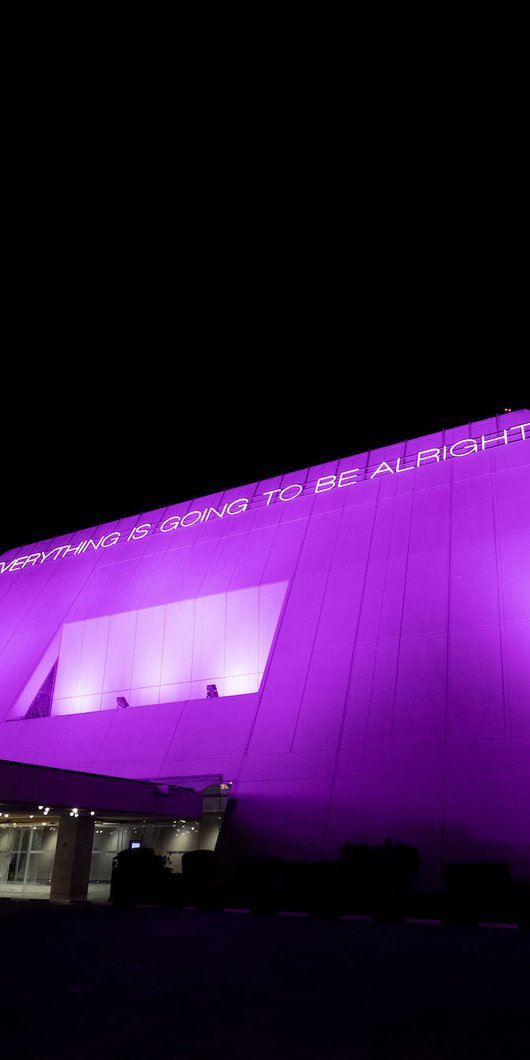 Martin Creed's neon lettering spelling out "Everything is Going to be Alright" installed outside the Al Majlis Hall in the Sheraton.