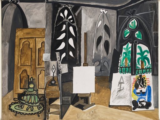 A painting of one of Picasso's studios, it's painted in neutral colors.