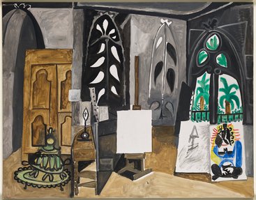 A painting of one of Picasso's studios, it's painted in neutral colors.