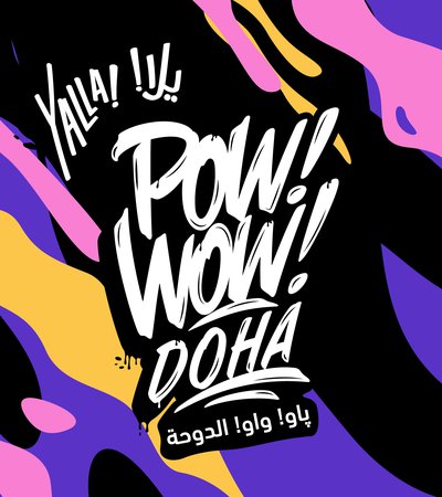 Yellow, purple, pink and black shapes that resemble dripping paint overlaid with the words Yalla! and Pow! Wow! Doha