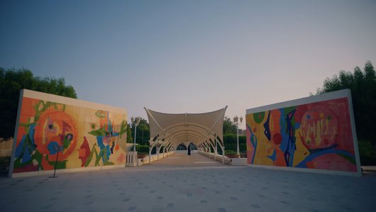 The Untitled I & II artworks of Lebanese artist Etel Adnan adorns an outdoor space at Qatar University campus in the form of two ceramic murals