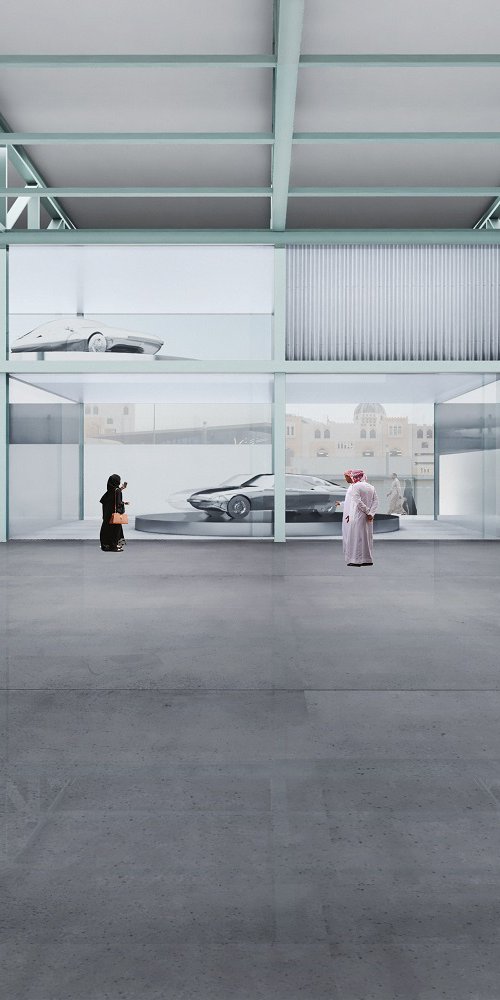 Rendering interior of the Qatar Auto Museum depicting animated people and cars in motion