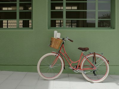 Vintage pink Raleigh bike leaning against a green wall.