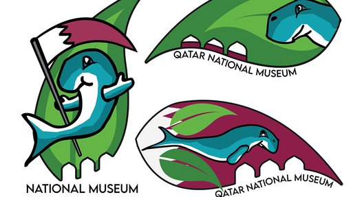 Three differently illustrated dugongs, one with a Qatari flag, another under the water and the last one at the museum