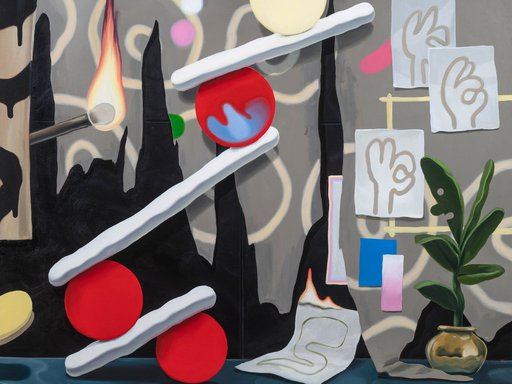 لوحة زيتية للفنان ريان براوننج بعنوان حريق متعمد تعرض عدة أشياء مختلفة الأشكال والألوان