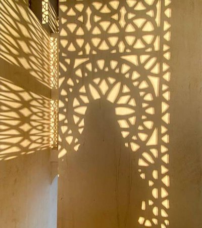 A woman's silhouette is shown within shadows from a carved window detail, cast across interior walls.