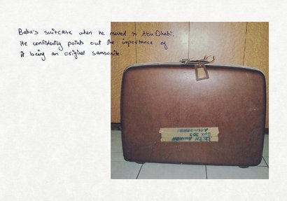 A photograph of an old brown Samsonite suitcase and text "Baba's suitcase when he moved to Abu Dhabi...".