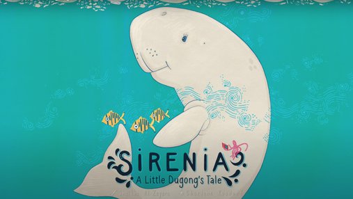 Cartoon figure of a Dugong set upon a turquoise background while other sea creatures are hovering in the middle