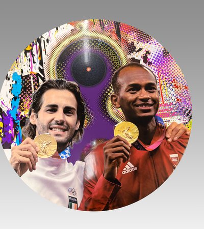 Olympic Games Tokyo 2020, portrait of high-jumpers Mutaz Barshim (Qatar) and Gianmarco Tamberi (Italy) by Takashi Murakami, 2021.
