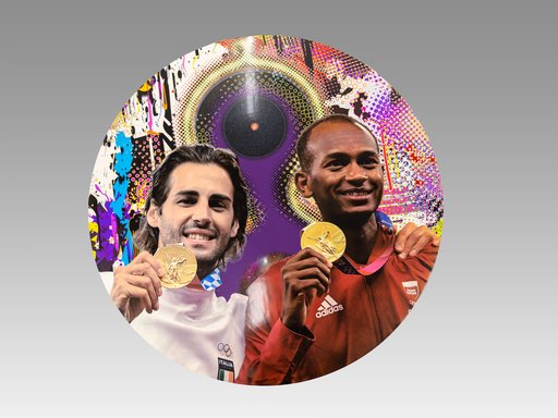 Olympic Games Tokyo 2020, portrait of high-jumpers Mutaz Barshim (Qatar) and Gianmarco Tamberi (Italy) by Takashi Murakami, 2021.