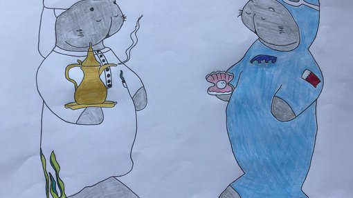 Illustration of two dugongs, one in a Thobe carrying a tea dallah and the other in a swimming suit
