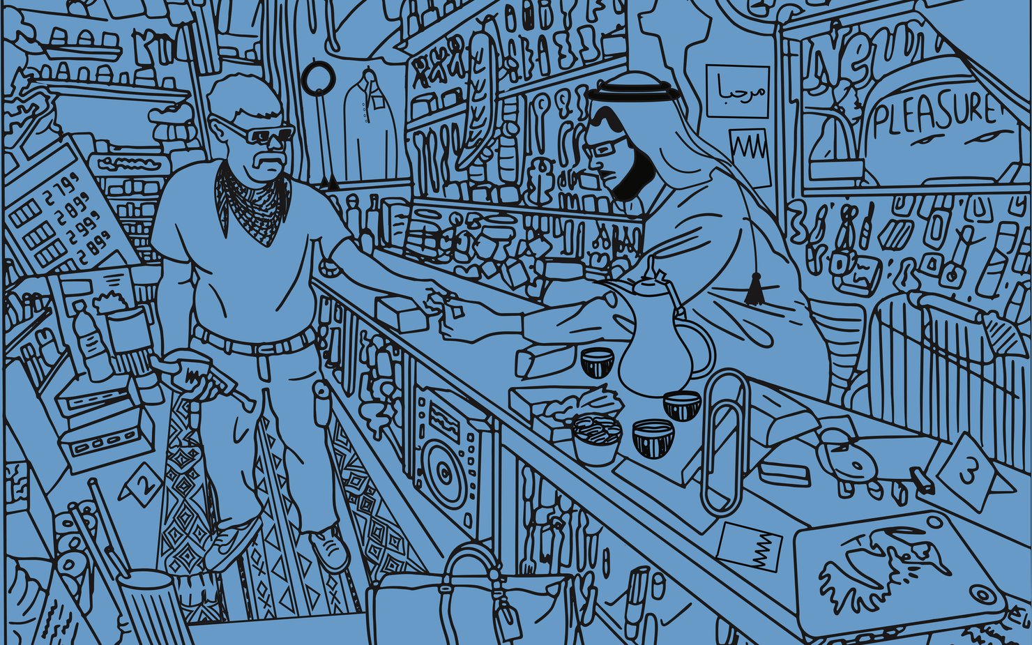 Line drawing of a traditionally dressed shopkeeper selling to a customer from his crowded store