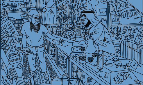 Line drawing of a traditionally dressed shopkeeper selling to a customer from his crowded store