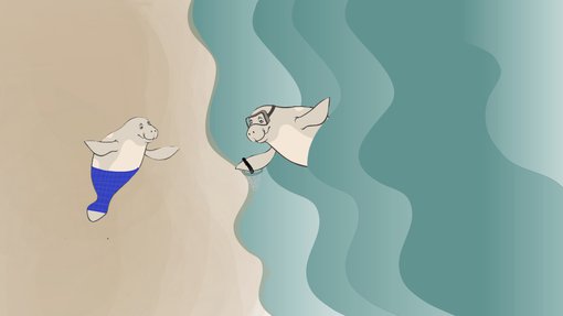 An illustration of two dugongs with one waving at the other holding a creel submitted by Wadha Al Thani